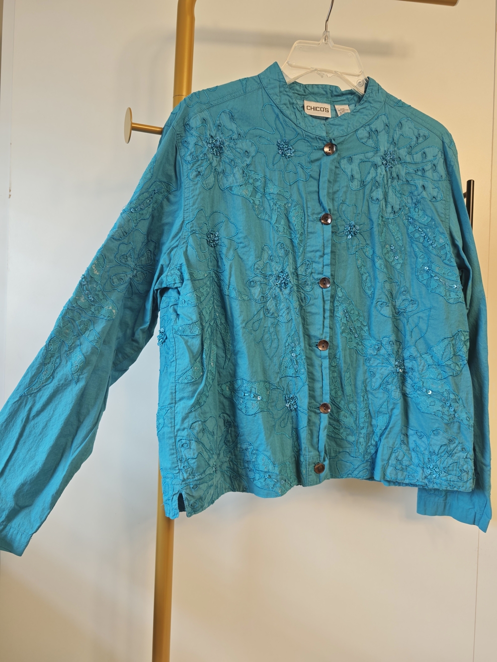 Chico's Teal Embroidered and Beaded Button-Front Top